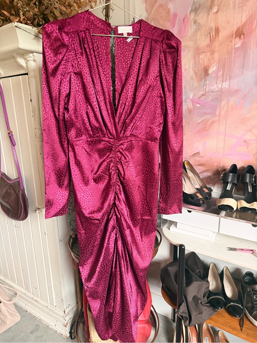 Ronny Kobo Collection Fuchsia Satin Ruched V-Neck Long Sleeve Dress